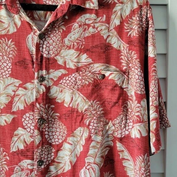 CAMPIA Red and White Tropical Print Rayon Button-down Short Sleeves Shirt Size L - Picture 4 of 7